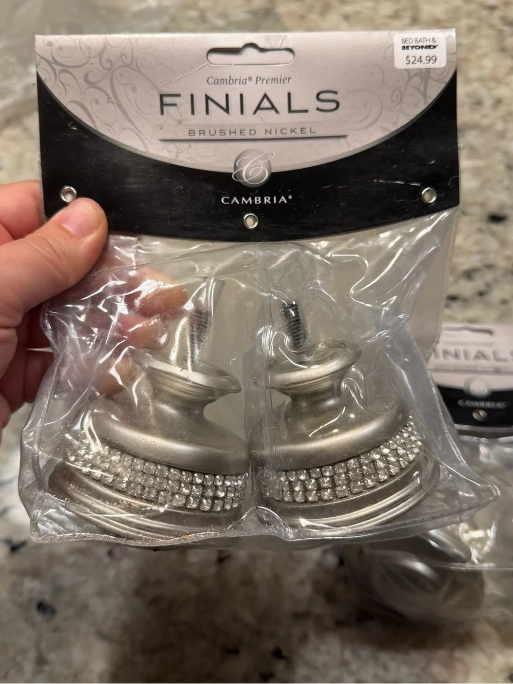 Cambria Brushed Nickel Finials with Rhinestone Band